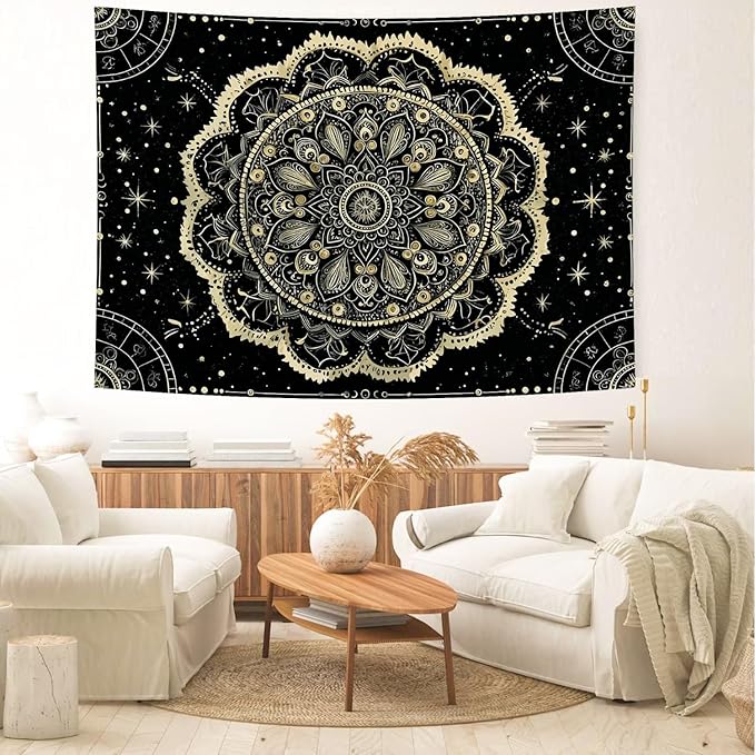 Delur Black and Gold Mandala Tapestry Astrology Space Hippie Bohemian Floral Medallion Tapestry Wall Hanging Aesthetic Indian Psychedelic Headboard for Bedroom Living Room Home Decor (70.8" x 92.5")