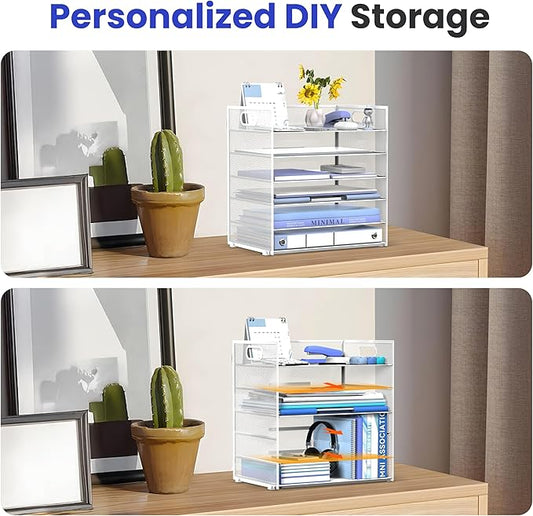 Daltack 6 Tier Paper Organizer for Desk, Paper Letter Tray Organizer for Desks, Mesh Desk File Organizers with Handle for Office, Home, School, White