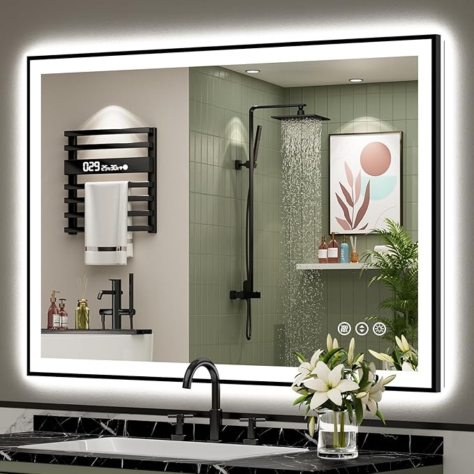 48x36 Inch Black Framed LED Bathroom Mirror with Lights, Backlit + Front Lit, Anti-Fog Lighted Vanity Mirrors for Bathroom Wall, Dimmable, 3-Color Light, Memory, Shatter-Proof, Tempered Glass