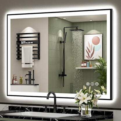 48x36 Inch Black Framed LED Bathroom Mirror with Lights, Backlit + Front Lit, Anti-Fog Lighted Vanity Mirrors for Bathroom Wall, Dimmable, 3-Color Light, Memory, Shatter-Proof, Tempered Glass