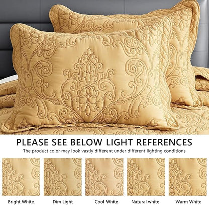 CHIXIN Oversized Bedspread Coverlet Set King Size - Lightweight Bedding Cover - Beautiful Stitching - 5 Piece Reversible Bedspread - Luxury Damask Paisley Pattern (King, Honey-Gold)