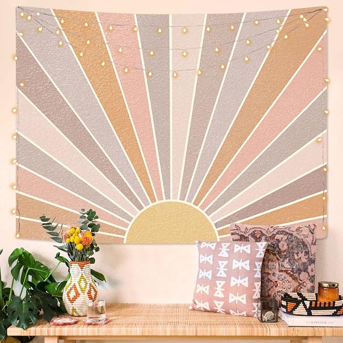 Kanuyee Boho Sun Tapestry Wall Hanging, Retro 70s Abstract Rainbow Aesthetic Sunrise Vintage Tapestries for Bedroom Living Room 44×60 inch