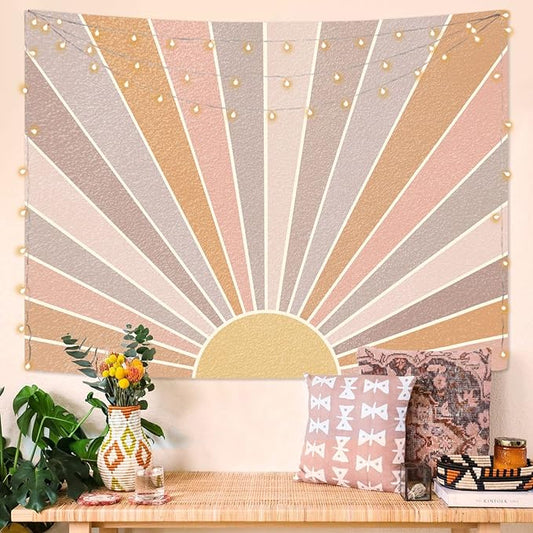 Kanuyee Boho Sun Tapestry Wall Hanging, Retro 70s Abstract Rainbow Aesthetic Sunrise Vintage Tapestries for Bedroom Living Room 36×48 inch