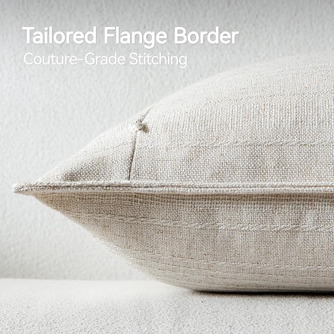 a moment Linen Pillow Covers Set of 2,Boho Farmhouse Throw Pillowcases Neutral Textured Decorative Covers for Couch Sofa,Soft Linen Blend Accent Case Cushion Living Room Home Decor 22"x22"Ivory
