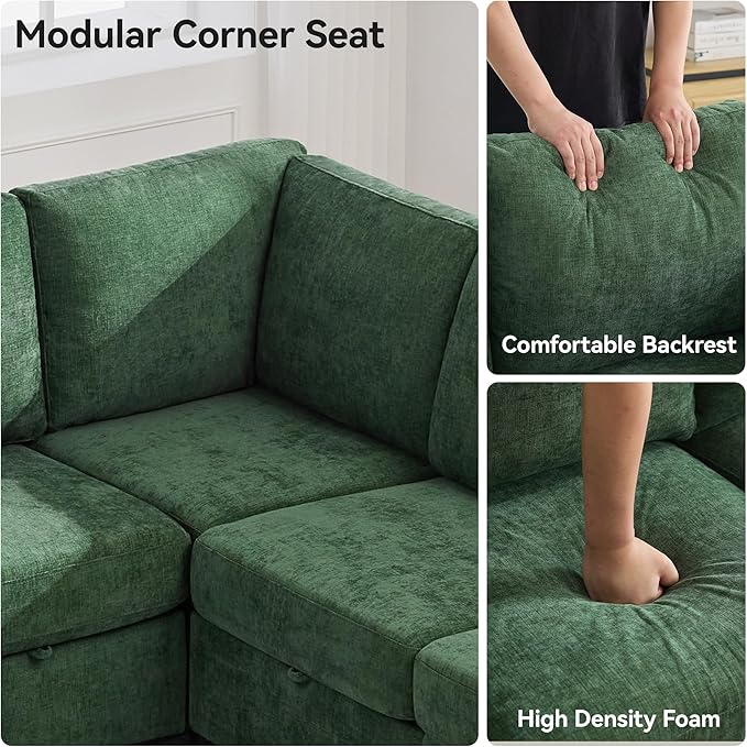 104'' V Shaped Modular Sofa, Sectional Couch with Storage for Living Room, Modern 7 Seater Cloud Sectional Couch with Movable Ottoman, Chenille Dark Green