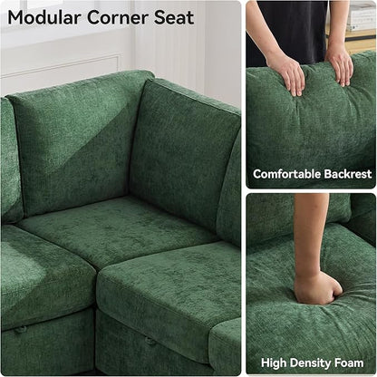 104'' V Shaped Modular Sofa, Sectional Couch with Storage for Living Room, Modern 7 Seater Cloud Sectional Couch with Movable Ottoman, Chenille Dark Green