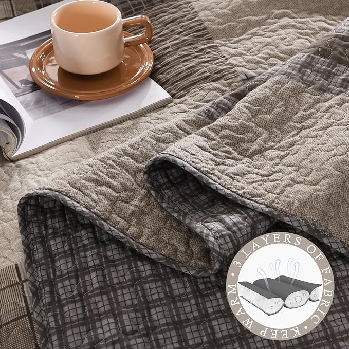 Farmhouse Bedspread King Size 120"x120" - 100% Cotton Lightweight Oversized King Quilt with 2 Pillowshams, Cottage Plaid King Quilted Bedding Bed Spreads Coverlet, Brown/Beige/Khaki
