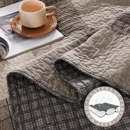 Oversized King Bedspread 128"x120" - 100% Cotton Lightweight California King Quilt with 2 Pillowshams, Farmhouse Plaid Extra Wide Quilted Bedding Bed Spreads Coverlet, Brown/Beige/Khaki