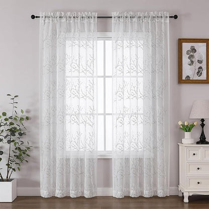VISIONTEX White Sheer Curtains 108 inch Length 2 Panels Set Decorative Grey Coral Embroidery Rod Pocket Embroidered Semi Sheer Window Drapes for Living Room and Bedroom 54 x 108 Inches