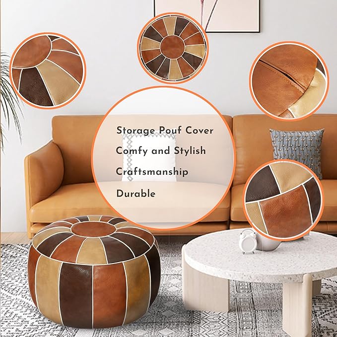 Thgonwid Unstuffed Moroccan Storage Pouf Foot Stool Ottoman Seat Handmade Faux Leather Bean Bag Floor Chair Foot Rest for Living Room, Bedroom or Balcony (Multi Color)