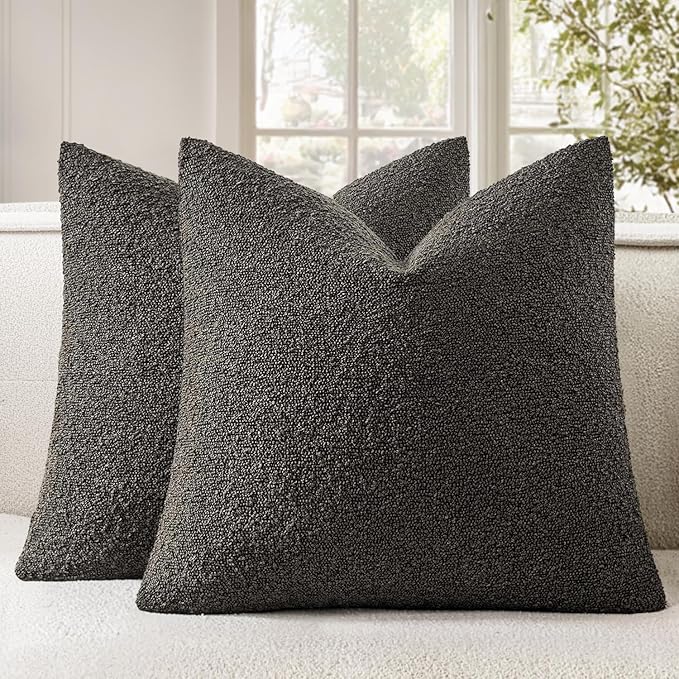 Woaboy Pack of 2 20x20 Inch Decorative Boucle Throw Pillow Covers Textured Square Pillowcaes Accent Solid Cozy Soft Cushion Covers Home Decor for Sofa Couch Living Room Home Decor,Charcoal