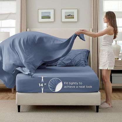 Bedsure Queen Comforter Set Slate Blue - Bed in a Bag Queen Size Bedding 7 Pieces, GentleSoft™ Pintuck Bed Set Gift for Family, Pinch Pleat All Season Comforter with Sheets, Pillowcases & Shams