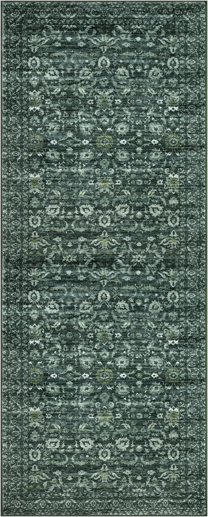 Vintage Floral 2x5 Runner, Dark Green Washable Hallway Runner, Non-Slip Kitchen Runner, Super Soft Thin Printed Faux Wool Carpet for Entryway, Front Door, Backdoor Bedside