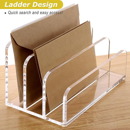 SANRUI Acrylic Mail File Organizer Sorters for Desk, 3 Upright Compartments Laddered Clear Desktop Vertical Letter Holder, Multifunction Envelope Folder Racks Holders for Office,Home, School