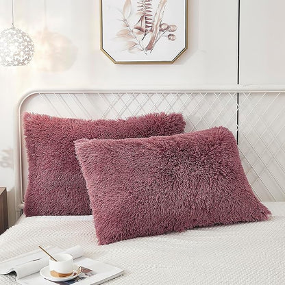 Uhamho Set of 2 Standard Pillowcases Faux Fur Throw Pillow Covers Queen Size Shams Soft Velvet Decorative Zipper Closure (Dusty Rose, 20"x26")