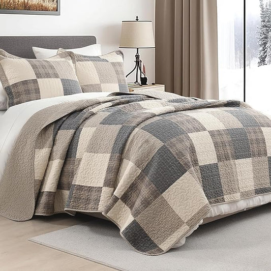 100% Cotton Quilt Set King Size - Reversible Quilted Comforter, Patchwork Plaid King Quilt Bedspread, Modern Farmhouse Lightweight Bedding for King Bed, 3pcs, Charcoal/Beige/Brown