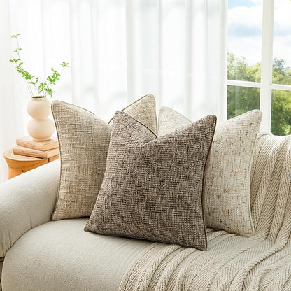 a moment Brown Reversible Pillow Covers 2 Pack - Farmhouse Chenille Throw Pillows, Neutral Textured Decorative Throw Pillow Covers with Border for Couch Sofa Bed (20x20 Inch, No Insert)