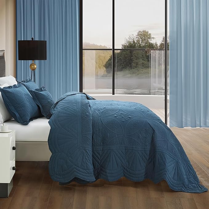 Bedspread - Full Size Bedding Cover - Modern & Contemporary Coverlet Set, Real Stitching, Reversible, Lightweight, 5 Piece, Navy