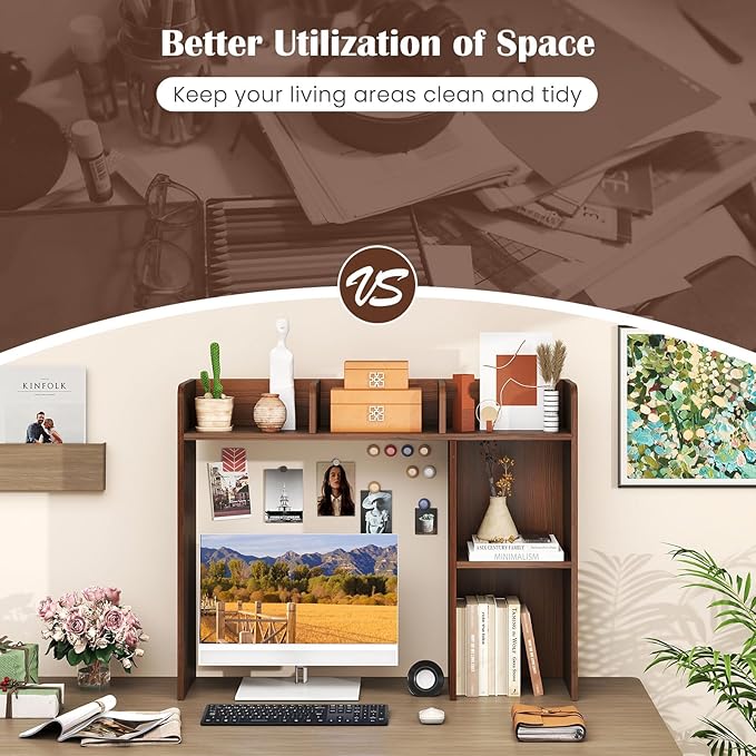 Desktop Bookshelf, 3-Tier Wood Countertop Bookcase with 5 Shelves, Desk Hutch for College Dorm, Multipurpose Desk Organizer Shelf Display Rack for Home Office, Hutch Top Only