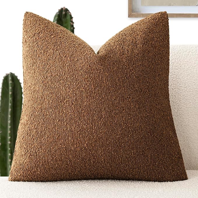 Foindtower Decorative Textured Boucle Throw Pillow Covers Accent Solid Pillow Cases Neutral Soft Cozy Couch Cushion Case for Chair Sofa Bedroom Living Room Home Decor 26x26 Inch,1PC,Hazel Brown