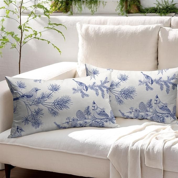White Blue Bird Pillow Covers 12x20 Set of 2 Decorations Chinoiserie Vintage Throw Pillow Covers Decor Rustic Pillowcases Oriental Pattern Farmhouse Cozy Soft for Sofa Bed Chair Home Decorative