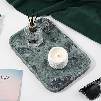 Koville Marble Tray, 12"x8" Natural Marble Vanity Tray for Countertop Bathroom Kitchen Dresser, Decorative Marble Catchall Trays for Perfume Jewelry, Rectangular Stone Serving Tray(Green)
