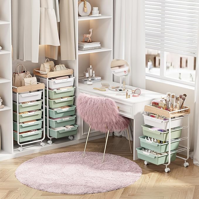 Rolling Storage Utility Cart With 4 Drawers,Kids Craft Art Cart,Makeup Organizer And Storage with Wooden Tabletop,Green