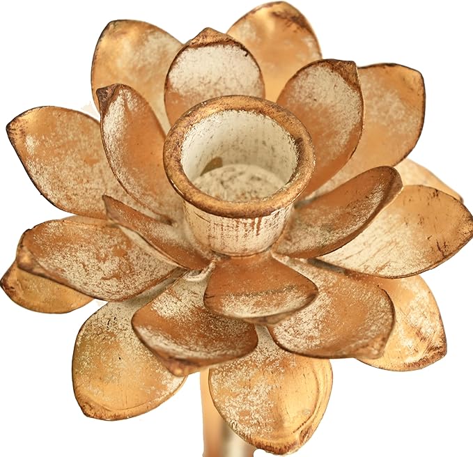 Antique Gold Metal Flower Taper Candle Holder, Rustic Farmhouse Style, Set of 2, Centerpiece Wedding Festive Christmas Mantel Decoration