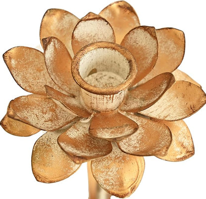 Antique Gold Metal Flower Taper Candle Holder, Rustic Farmhouse Style, Set of 2, Centerpiece Wedding Festive Christmas Mantel Decoration