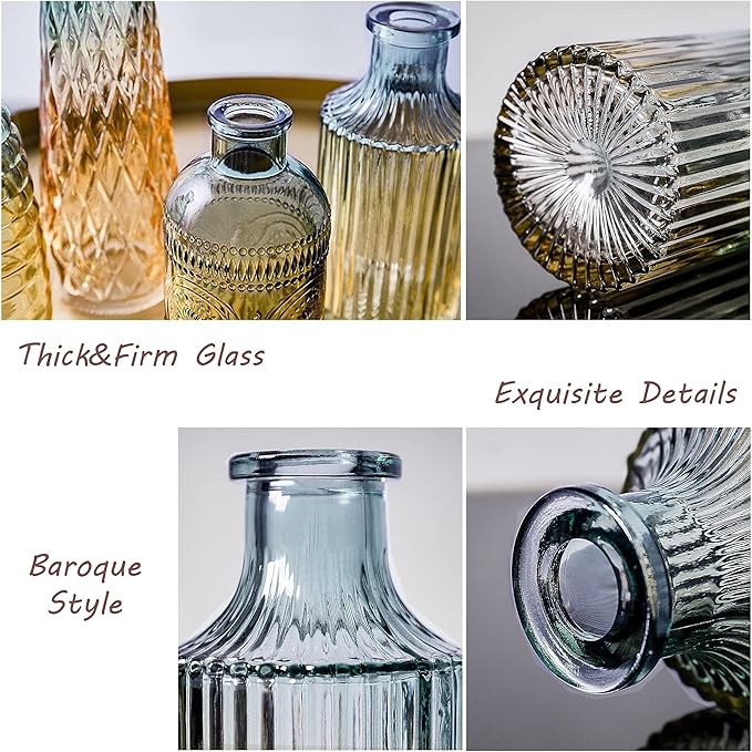 FANTESTICRYAN Baroque Bud Glass Vases Set of 4, Retro Gradient Small Vase Single Flower Mini for Centerpiece Décor, Tabletop, Christmas, Wedding, Housewarming (Blue)