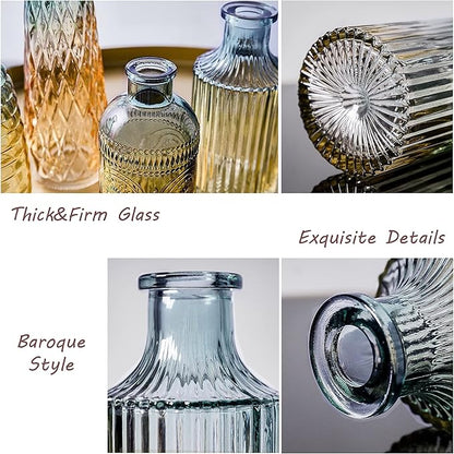 FANTESTICRYAN Baroque Bud Glass Vases Set of 4, Retro Gradient Small Vase Single Flower Mini for Centerpiece Décor, Tabletop, Christmas, Wedding, Housewarming (Blue)