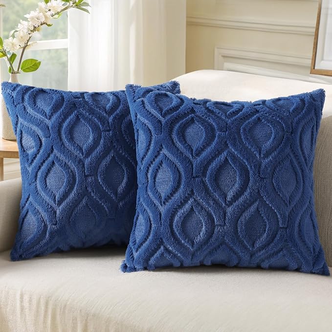 decorUhome Spring Throw Pillow Covers 20x20 Inch Set of 2, Soft Plush Faux Wool Dark Blue Solid Couch Pillow Covers, Accent Farmhouse Neutral Square Pillow Cases for Sofa Bed Living Room