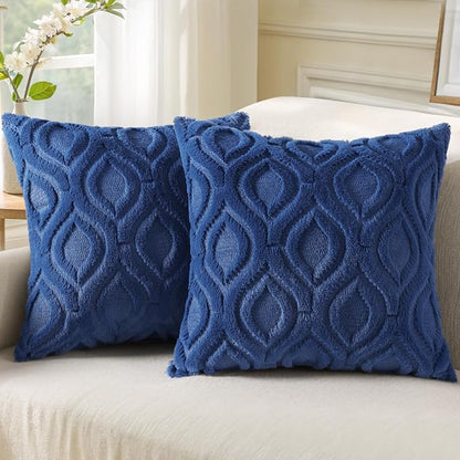 decorUhome Spring Throw Pillow Covers 20x20 Inch Set of 2, Soft Plush Faux Wool Dark Blue Solid Couch Pillow Covers, Accent Farmhouse Neutral Square Pillow Cases for Sofa Bed Living Room