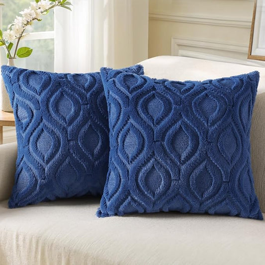 decorUhome Spring Throw Pillow Covers 20x20 Inch Set of 2, Soft Plush Faux Wool Dark Blue Solid Couch Pillow Covers, Accent Farmhouse Neutral Square Pillow Cases for Sofa Bed Living Room