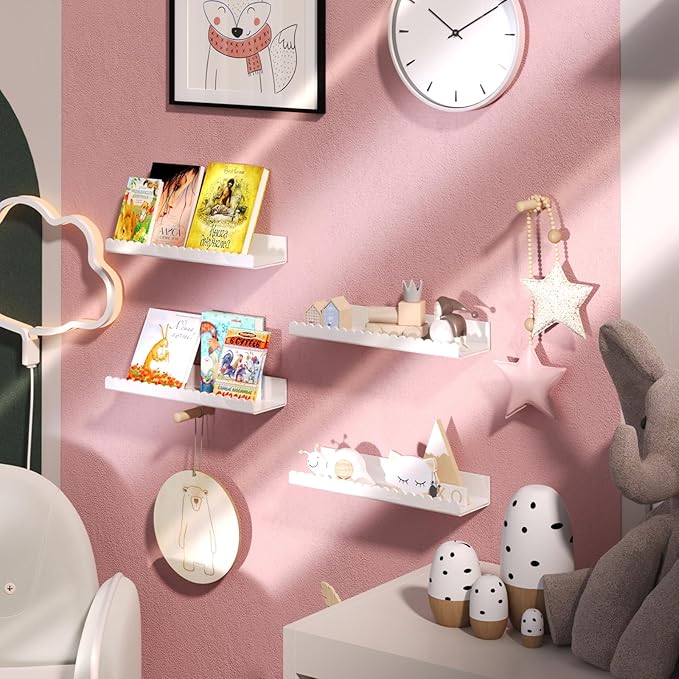 Acrylic Floating Shelves, 4 Pack 12 Inch Glossy White Scalloped Edge Wall Mounted Floating Shelves, Invisible Bathroom Shelf, Adjustable Pop Book CD Shelf for Home Deco (White Scalloped Edge 4 Pack)