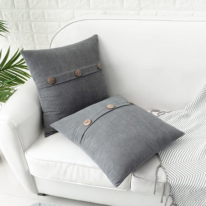 HWY 50 Gray Grey Chenille Throw Pillow Covers 18x18 Inch with Triple Buttons, Soft Farmhouse Accent Decorative Cushion Cases for Couch Sofa Bed Living Room Bedroom Pack of 2