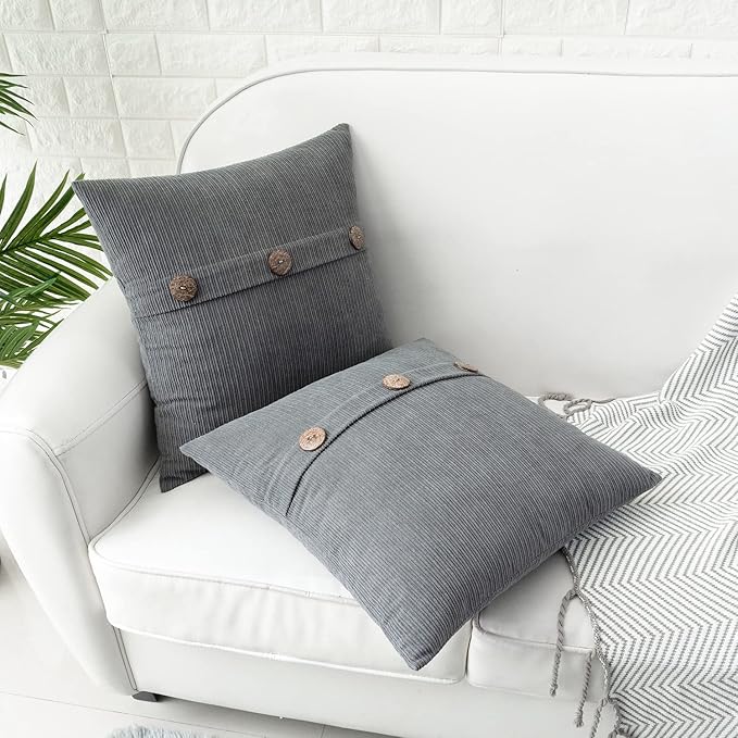 HWY 50 Gray Grey Chenille Throw Pillow Covers 16x16 Inch with Triple Buttons, Soft Farmhouse Accent Decorative Cushion Cases for Couch Sofa Bed Bedroom Pack of 2