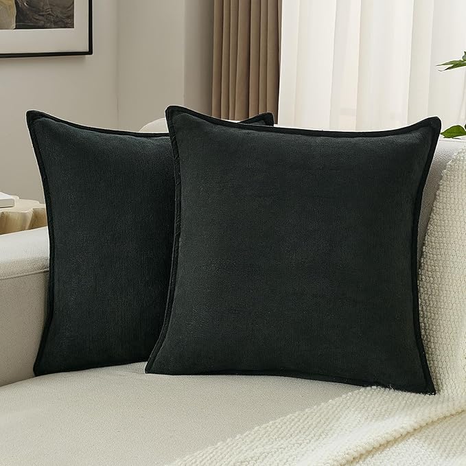 FUTEI Black Chenille Throw Pillow Covers 22x22 Inch Set of 2,Edges Double-Stitched Cushion Cases,Modern Home Decor for Couch Living Room