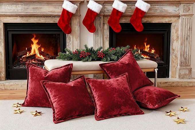 Velvet Pillow Covers 2 Pack Soft 26x26 Pillow Covers Solid Square Euro Shams Decorative Couch Pillow Cases with Wide Border for Sofa Bed Home Decor,Christmas Red