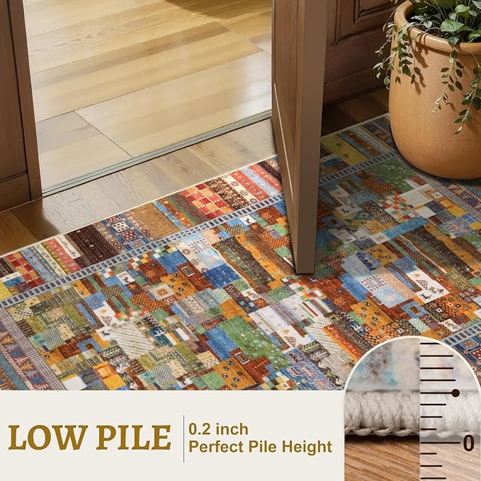 Tangsoo Washable Runner Rug Non Slip, 2x5 Vintage Runner Rug for Hallway, Soft Low Pile Tribal Carpet 2x5 Rug Runners for Kitchen Bathroom Laundry Bedroom Entrance Bedside (Yellow Multi)