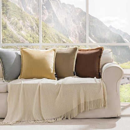 Phantoscope Pack of 2 Velvet Decorative Throw Pillow Covers, Double-Sided Tassel Trimmed Design, Soft Luxury Velvet Pillows Square Cushion Case for Couch Sofa Bed, Taupe, 18 x 18 inches 45 x 45 cm