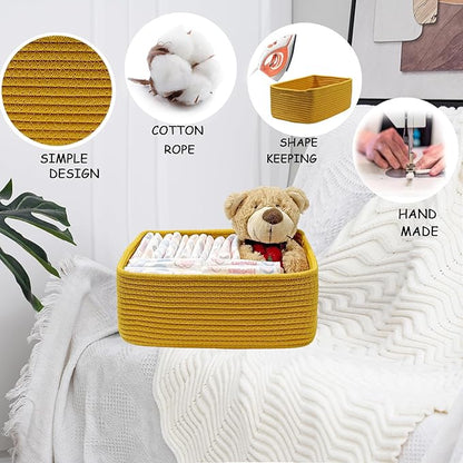 COMFY-HOMI 11.5"x7.5"x4.7" Storage Baskets for Organizing | Cotton Rope Woven Basket | Toy Storage Bin Box | Basket for Shelves, Closet Organizer Bin, Decorative Closet Shelf, 3 Pack, Yellow