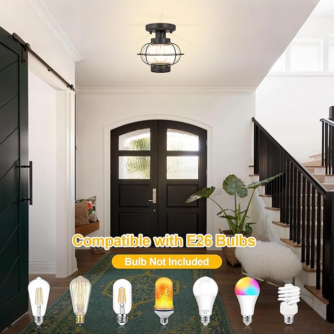 Porch Ceiling Light Fixture, Outdoor Flush Mount Ceiling Light with Glass Globe Shade, E26 Standard Base Industrial Farmhouse Lamp for Hallway Bedroom Balcony Porch Stairway