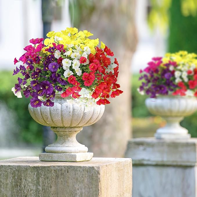 Artificial Flowers for Outdoors 12 Bundles Realistic Faux Plants UV Resistant Fake Silk Morning Glory with Eucalyptus for Front Door Planter Patio Porch Spring Summer Decoration (6 Mixed Color)
