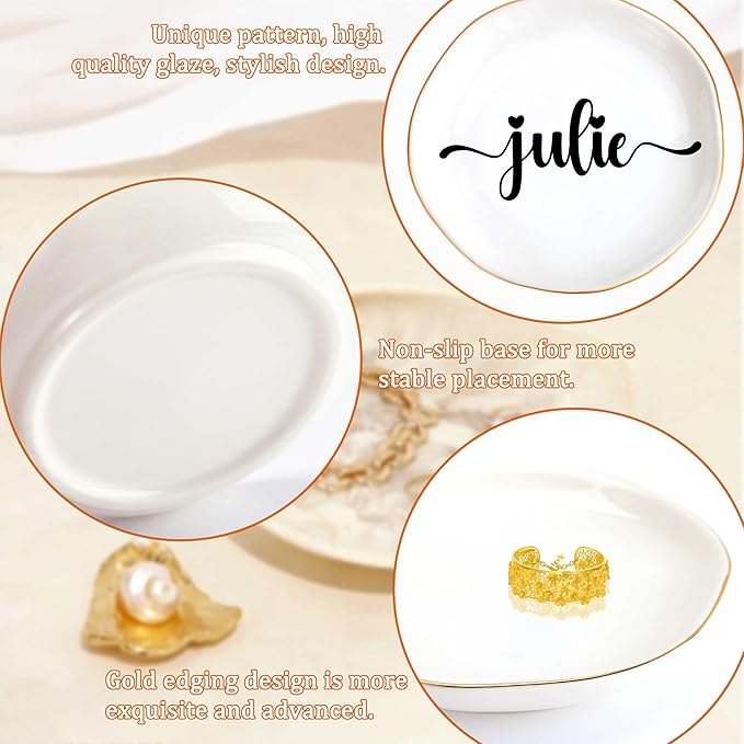JoycuFF Julie Personalized Name Ceramic Jewelry Tray, Mothers Day Christmas Anniversary Engagement Birthday Gifts for Women Couples, Trinket Dish for Rings Earrings Necklaces Bracelets Keys