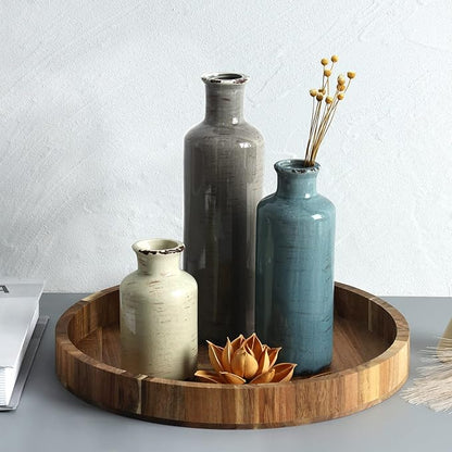 CUCUMI Ceramic Flower Vases Set of 3, Rustic Coastal Home Decor for Farmhouse Shelves, Ocean Beach Style, Mantle, Fireplace, Coffee Table, Shelf for Living Room