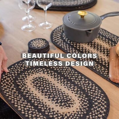 Homespice Manchester Jute Braided Table Runner Set of 2-8x28, Oval, Black & Tan - Rich Colors, Easy to Clean, Durable and Protects Furniture