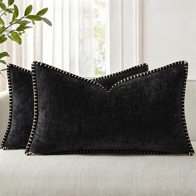decorUhome Spring Chenille Soft Throw Pillow Covers 12x20 Set of 2, Lumbar Velvet Farmhouse Neutral Decorative Pillow Covers with Stitched Edge for Couch Sofa Bed Home Decor, Black