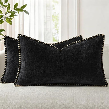 decorUhome Spring Chenille Soft Throw Pillow Covers 12x20 Set of 2, Lumbar Velvet Farmhouse Neutral Decorative Pillow Covers with Stitched Edge for Couch Sofa Bed Home Decor, Black