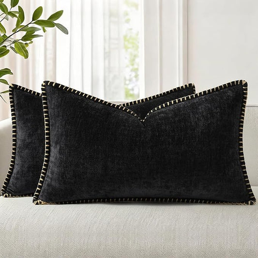 decorUhome Spring Chenille Soft Throw Pillow Covers 12x20 Set of 2, Lumbar Velvet Farmhouse Neutral Decorative Pillow Covers with Stitched Edge for Couch Sofa Bed Home Decor, Black